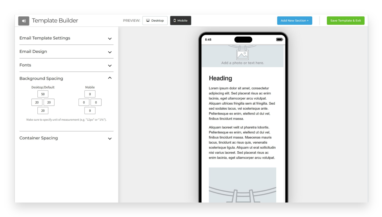 Email Builder mobile specific settings